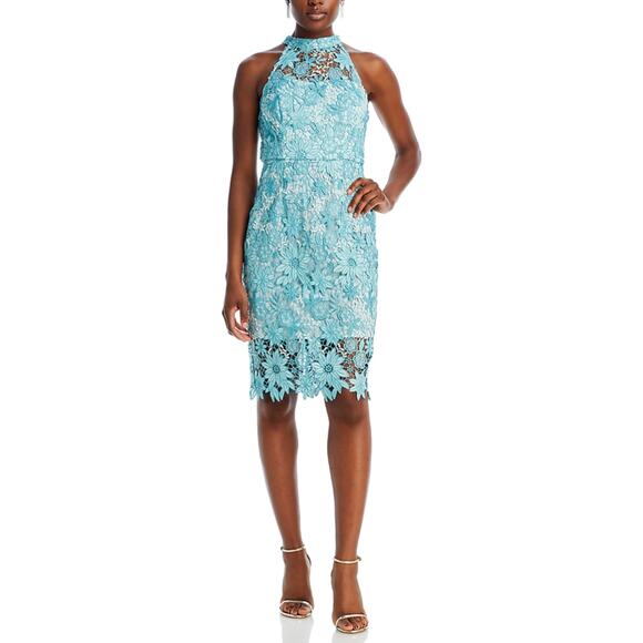 Eliza J Dresses & Skirts - Eliza J Floral Lace Backless Midi Sheath Halter Cocktail Dress Teal Blue Size 8